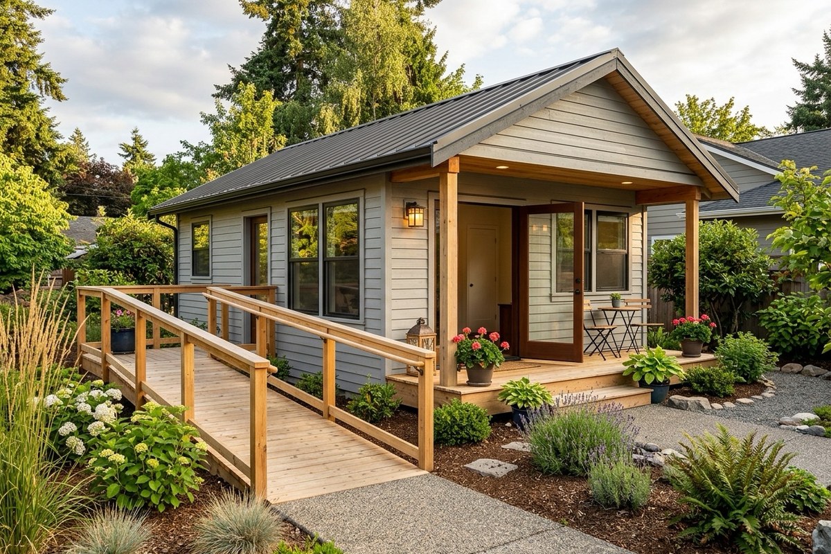 A small accessible dwelling unit with a wheelchair ramp and wide doorway