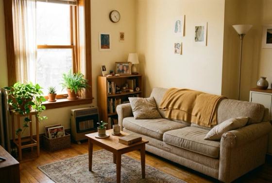 A cozy, lived-in apartment living room with a couch, houseplants, and warm afternoon light