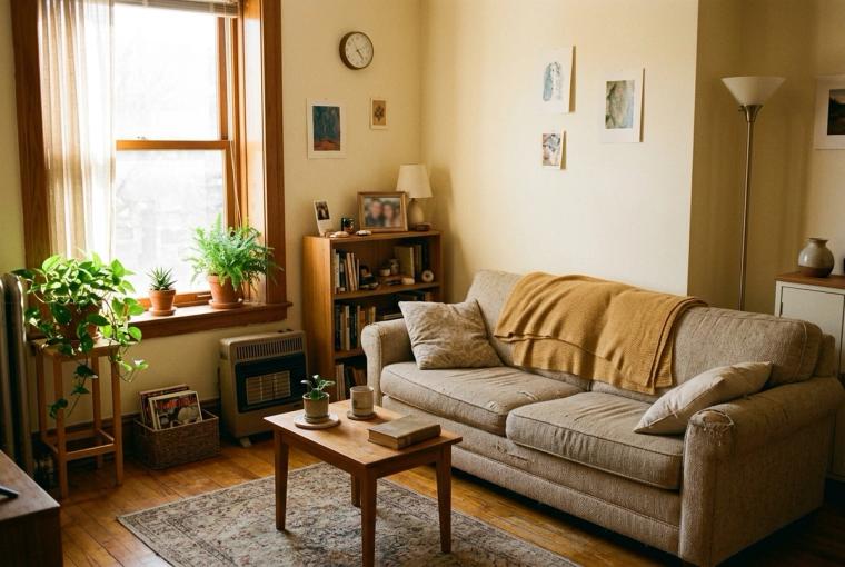 A cozy, lived-in apartment living room with a couch, houseplants, and warm afternoon light