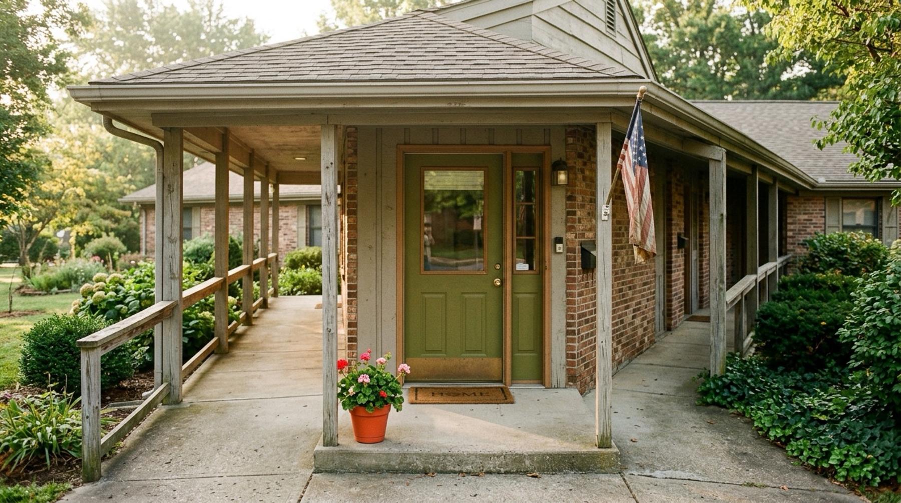 A welcoming covered porch and green front door of a home, with a potted geranium, a doormat, and a small American flag