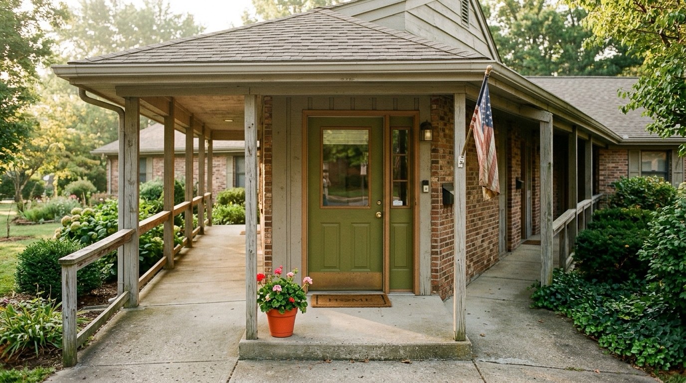 A welcoming covered porch and green front door of a home, with a potted geranium, a doormat, and a small American flag