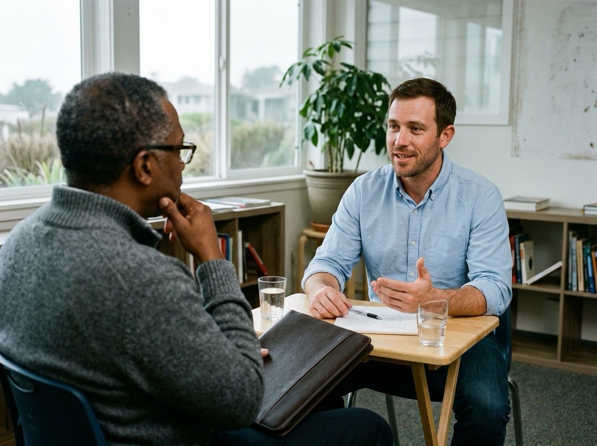 A Veteran answers a practice interview question as a career coach listens across the table