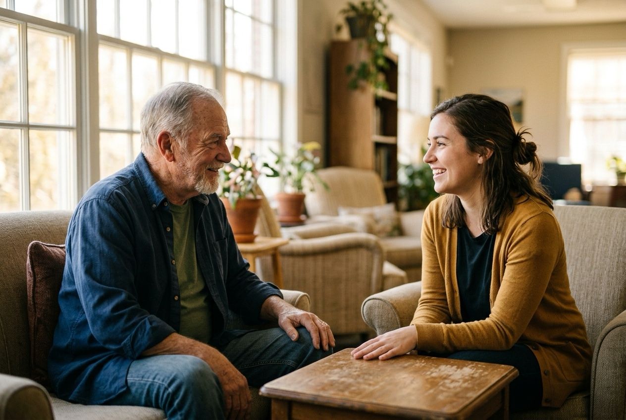 An older veteran and a volunteer talking warmly in a bright community room