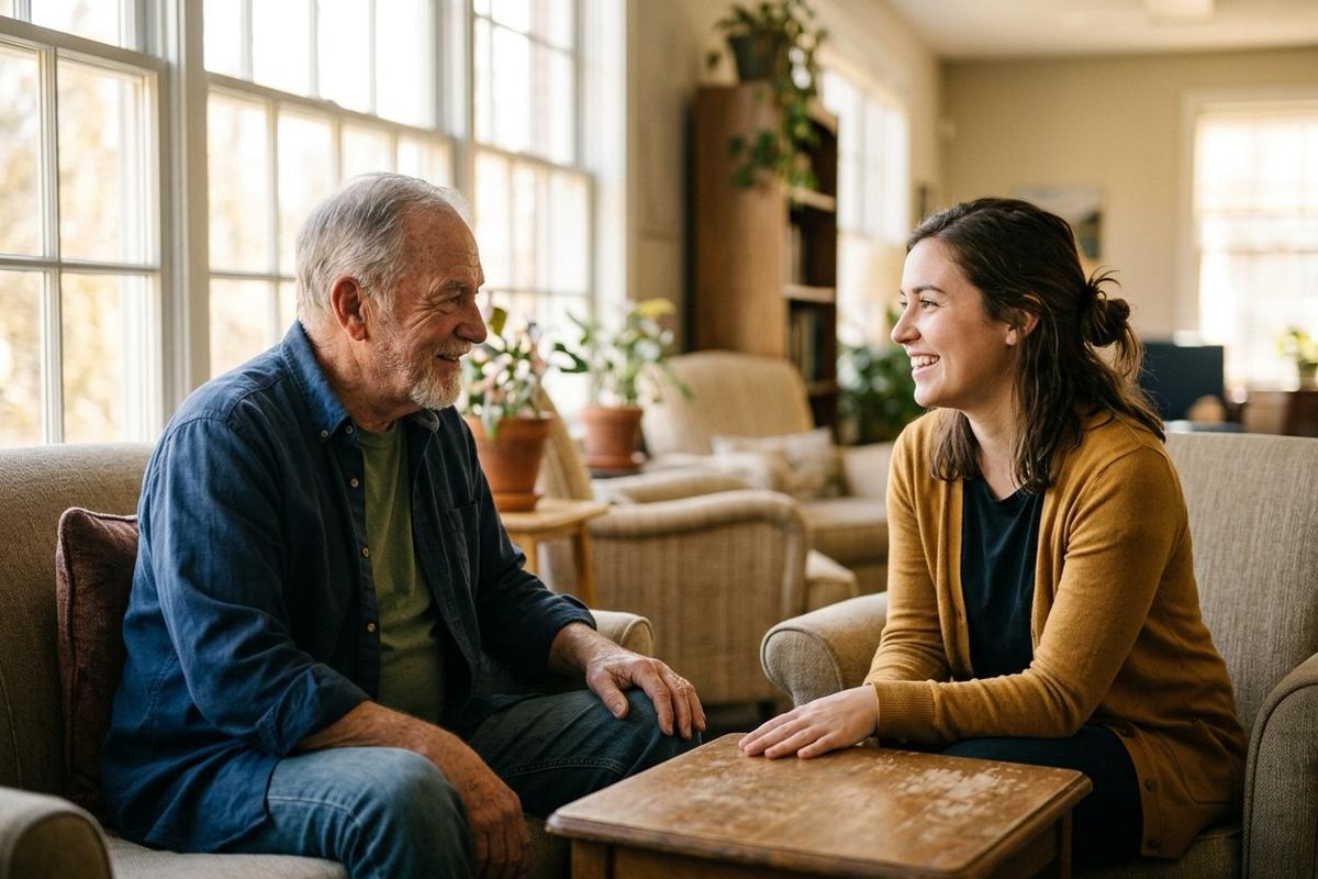 An older veteran and a volunteer talking warmly in a bright community room