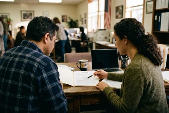 A VTC staff member reviewing a résumé with a Veteran at a desk