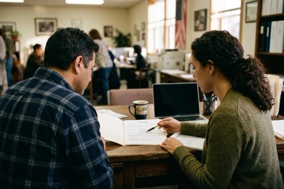 A VTC staff member reviewing a résumé with a Veteran at a desk