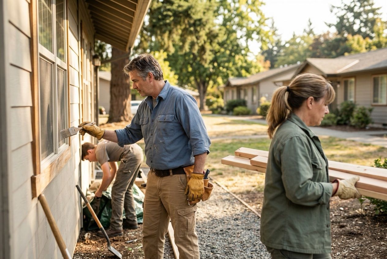 Skilled-trade volunteers in work clothes repairing and painting a residential building outdoors at the veterans housing campus
