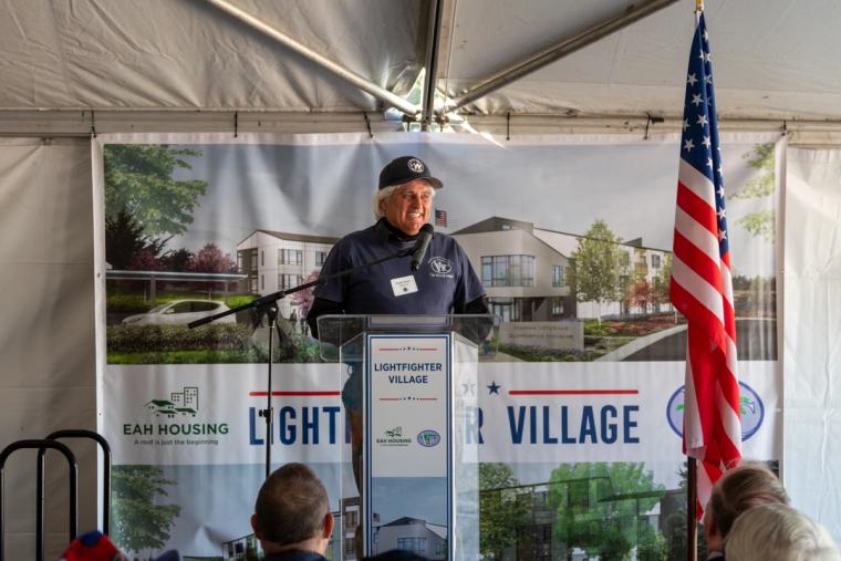 Mayor Delgado at the Lightfighter Village Wall Raising Ceremony