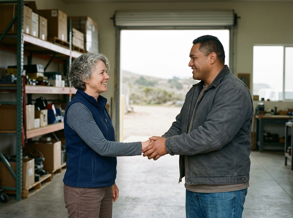 A hiring manager and a Veteran shake hands inside a bright workshop