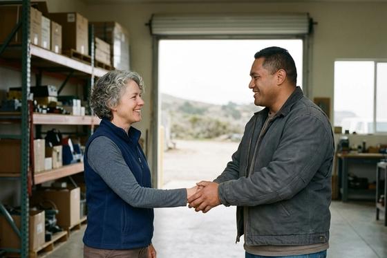 A hiring manager and a Veteran shake hands inside a bright workshop