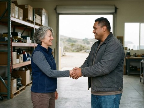 A hiring manager and a Veteran shake hands inside a bright workshop