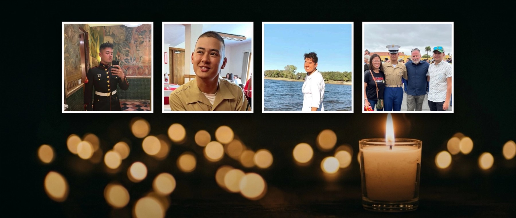 Four photographs of LCpl Nathan Neal — in dress blues, in uniform, at a lake, and with his family — above a lit memorial candle on a dark background