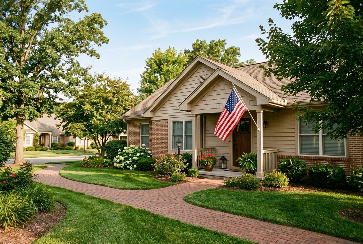 A well-kept single-story home with an American flag on a veterans housing campus