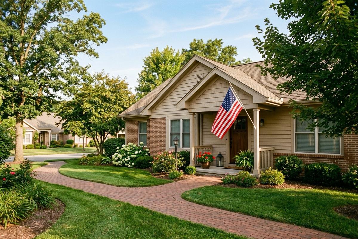 A well-kept single-story home with an American flag on a veterans housing campus