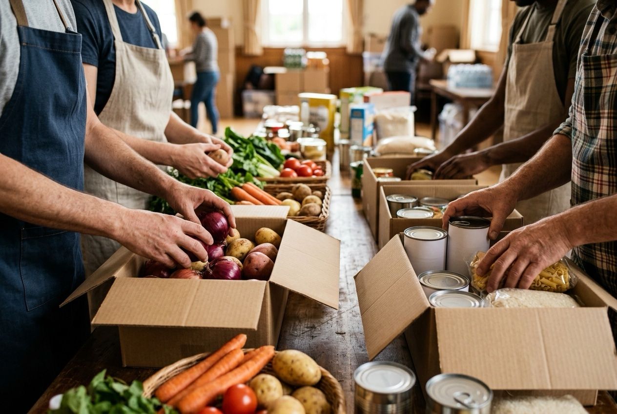 Volunteers packing fresh produce and pantry staples into boxes