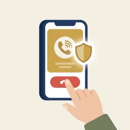Illustration of a hand declining a suspicious call, with a protective shield