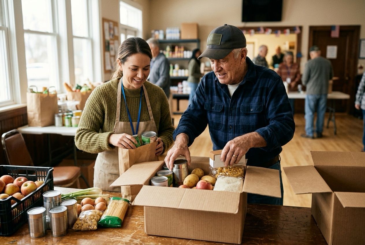 A volunteer and a veteran packing groceries into donation boxes at a community food drive