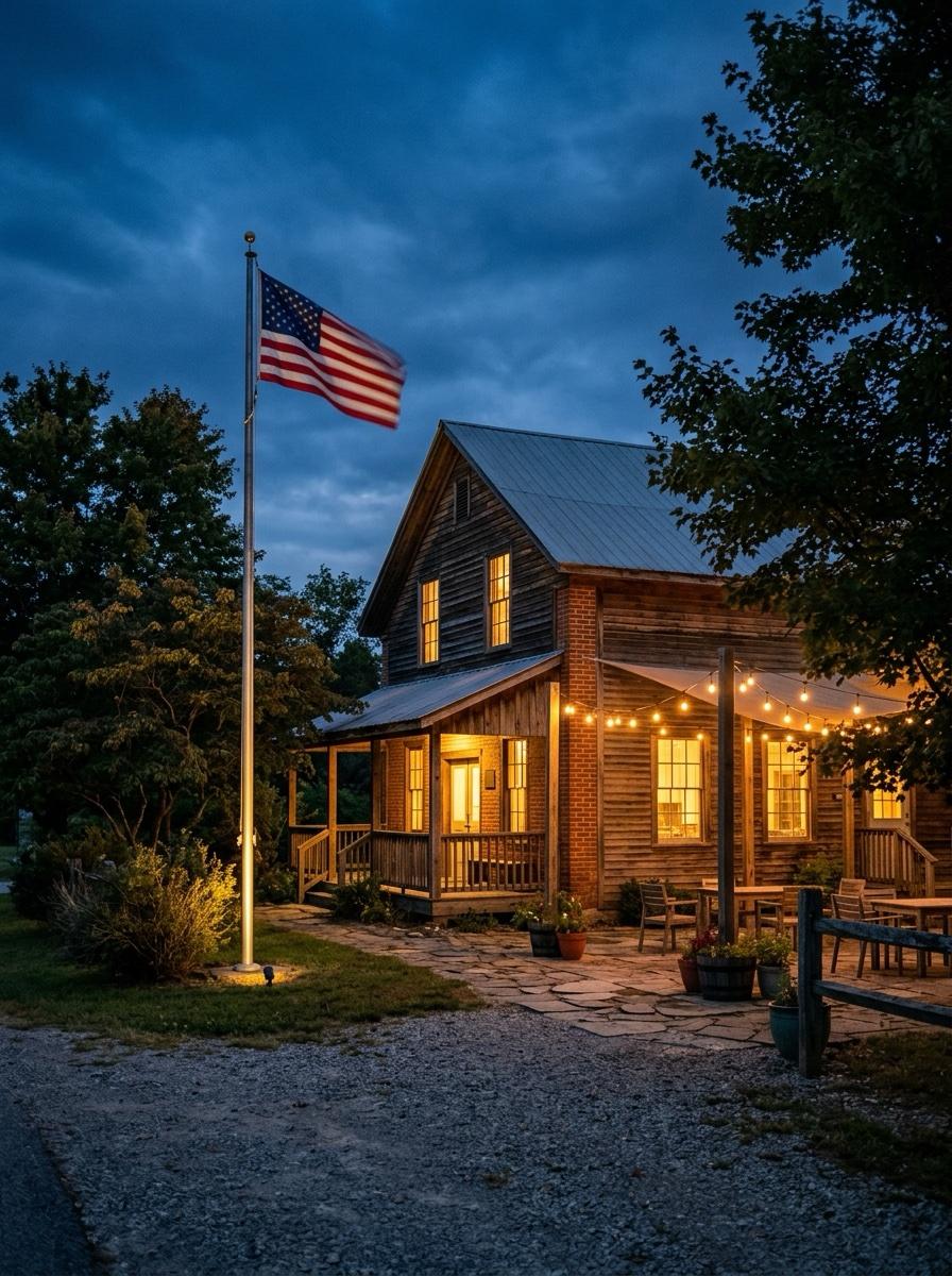 An American flag outside a warmly lit community hall at dusk