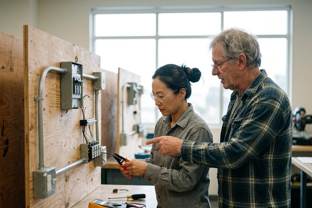 A Veteran wires an electrical practice board as an instructor points to a terminal