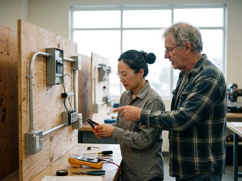 A Veteran wires an electrical practice board as an instructor points to a terminal