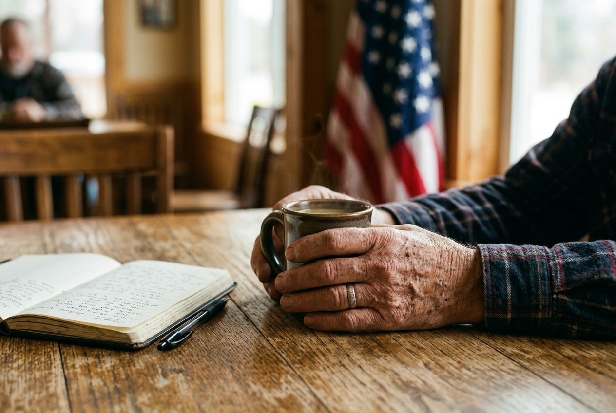 A Veteran's hands around a cup of coffee across the table from a counselor, the American flag behind