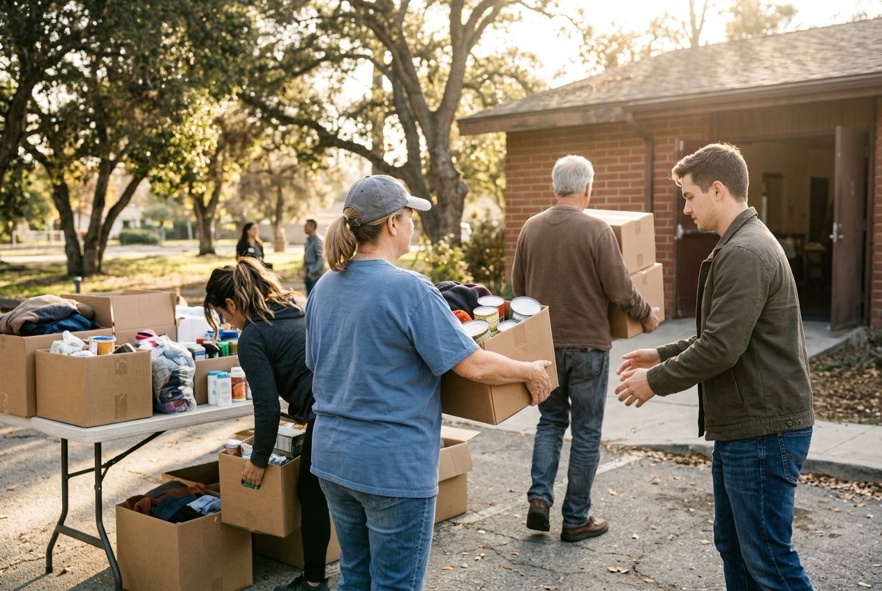 Volunteers carrying boxes of donated goods together at an outdoor community drive