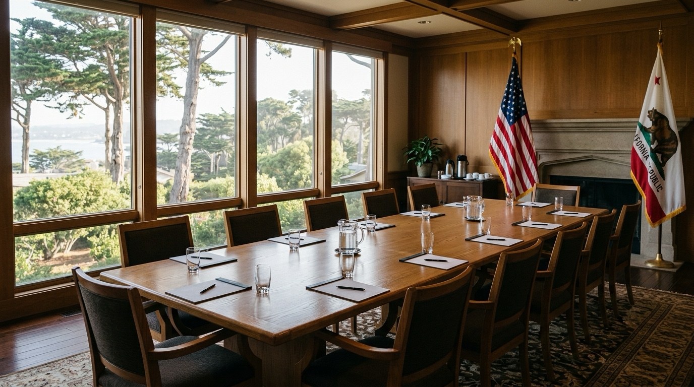 A boardroom with American and California flags in coastal morning light
