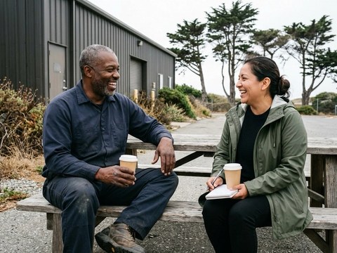 A Veteran on a work break laughs with his navigator over coffee outside his workplace
