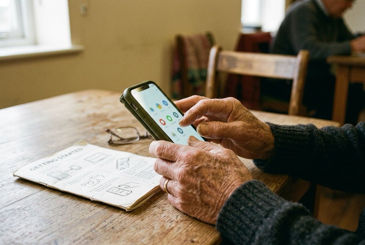 An older Veteran's hands using a smartphone beside a printed getting-started guide