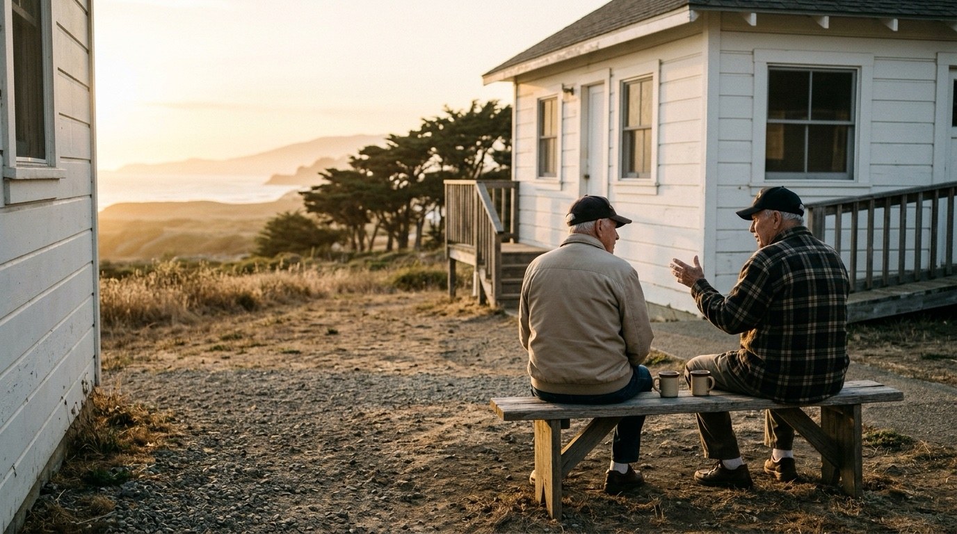 Two veterans talk on a bench outside a barracks building at golden hour
