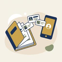 Illustration of contact cards floating from an address book into a phone