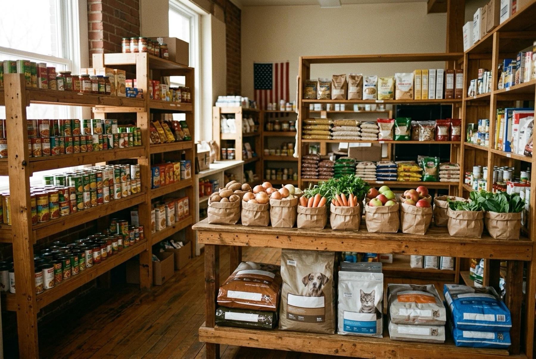 Shelves stocked with canned goods, grains, and fresh produce inside the VTC food pantry