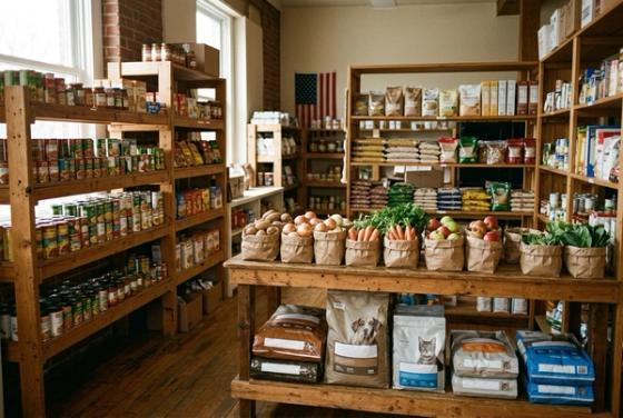 Shelves of canned goods and a table of fresh produce in paper bags at the VTC food pantry