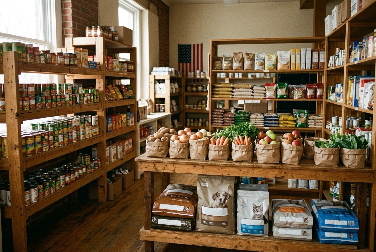 Shelves stocked with canned goods, grains, and fresh produce inside the VTC food pantry