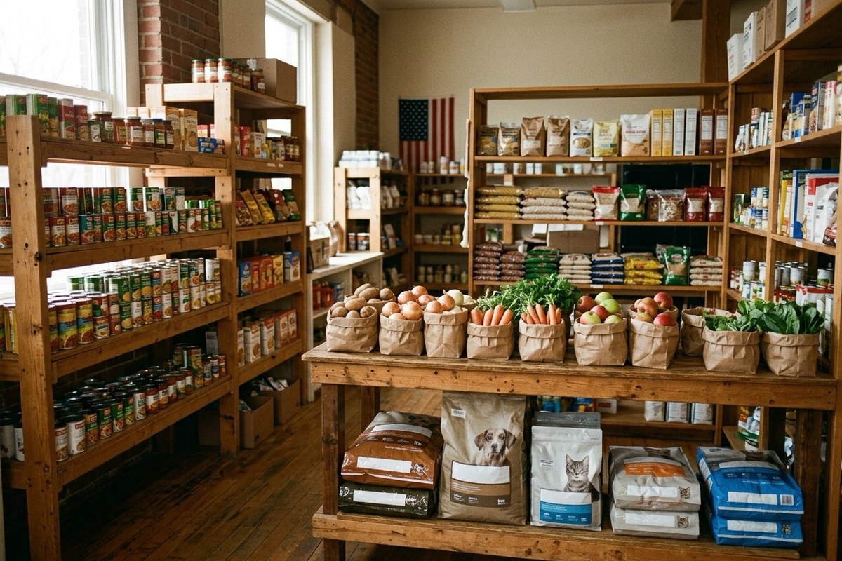 The VTC food pantry stocked with groceries, fresh produce, and pet food