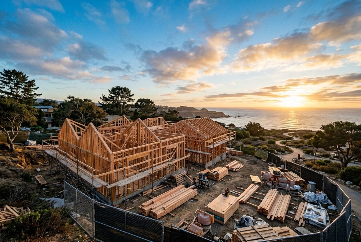 New Veteran homes under construction at golden hour on the VTC coastal campus