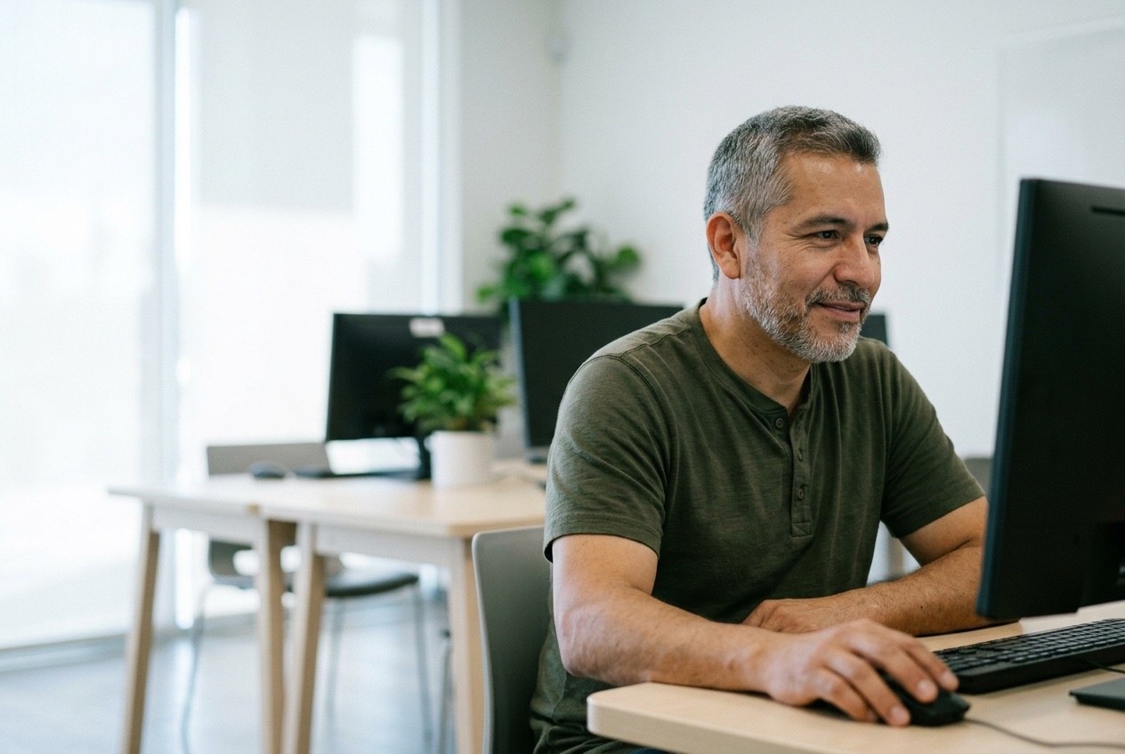 A Veteran in an olive henley smiles as he works through an online course at a computer in a bright learning center