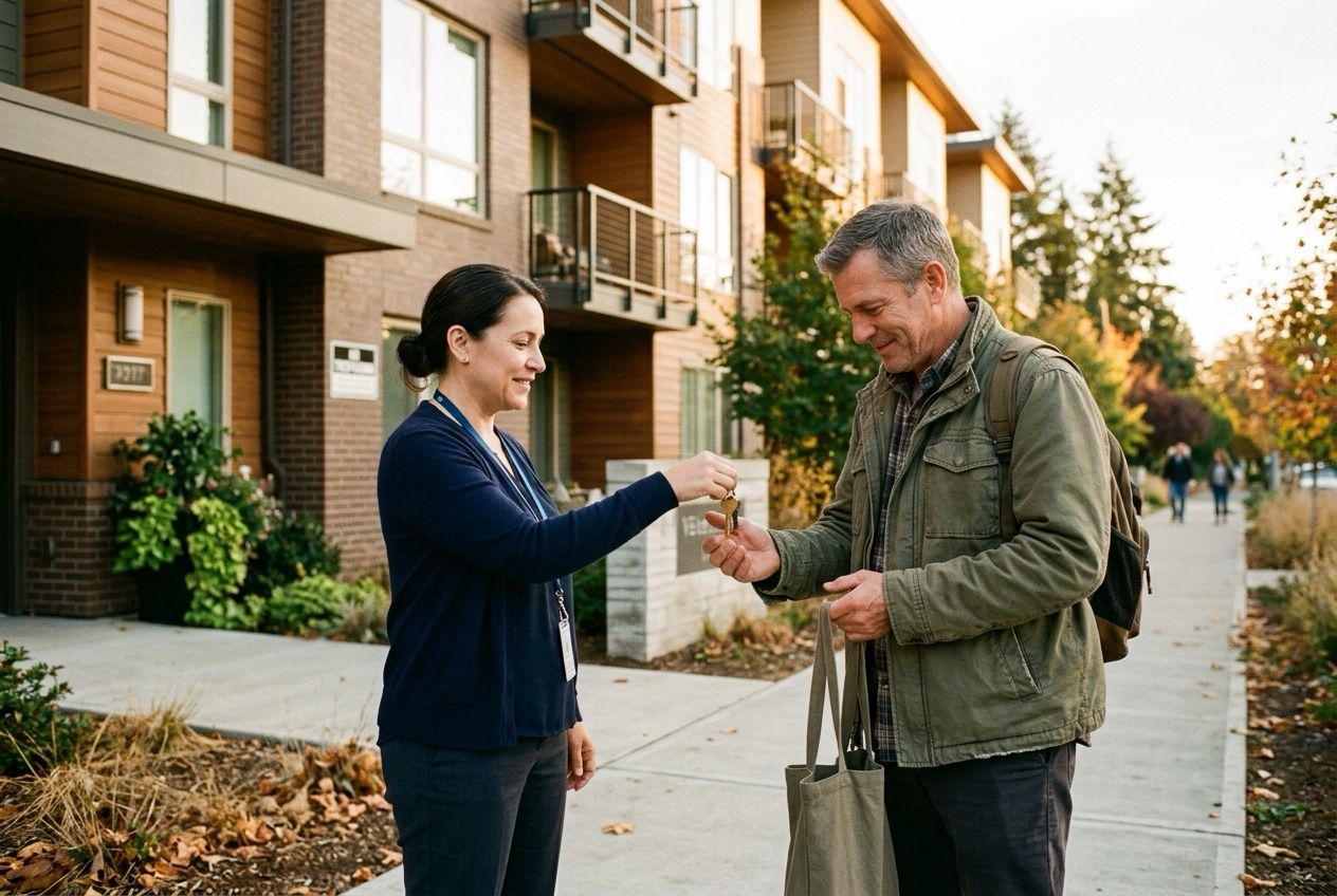 A VTC case manager handing house keys to a Veteran outside a new apartment building