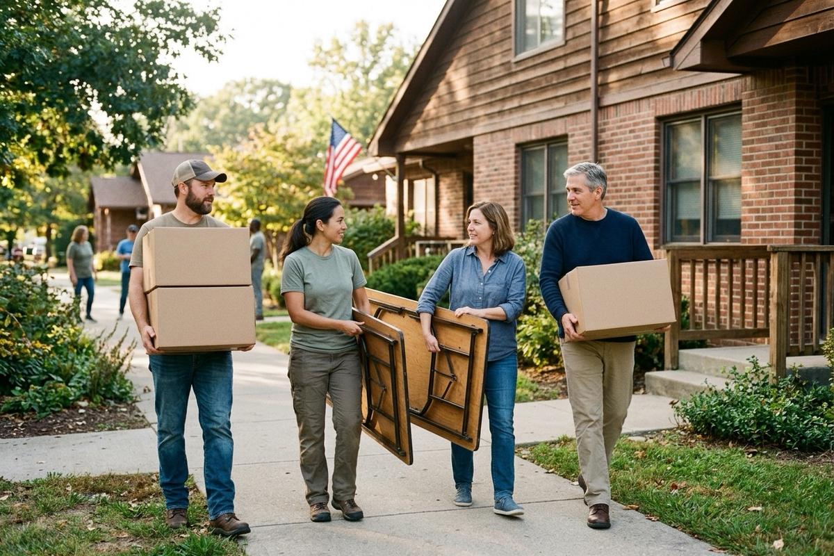 Community volunteers carrying boxes and supplies together at a veterans housing campus