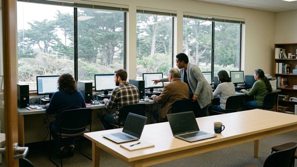 Adults of different ages work at computers along a wall of windows while an instructor helps one of them