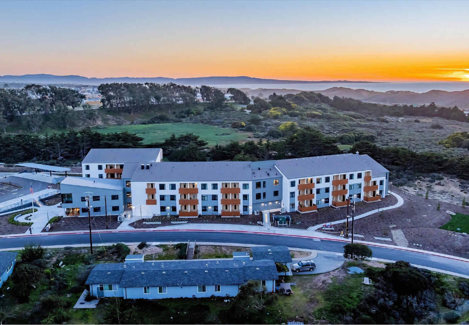 Aerial view of Lightfighter Village at sunset on the former Fort Ord