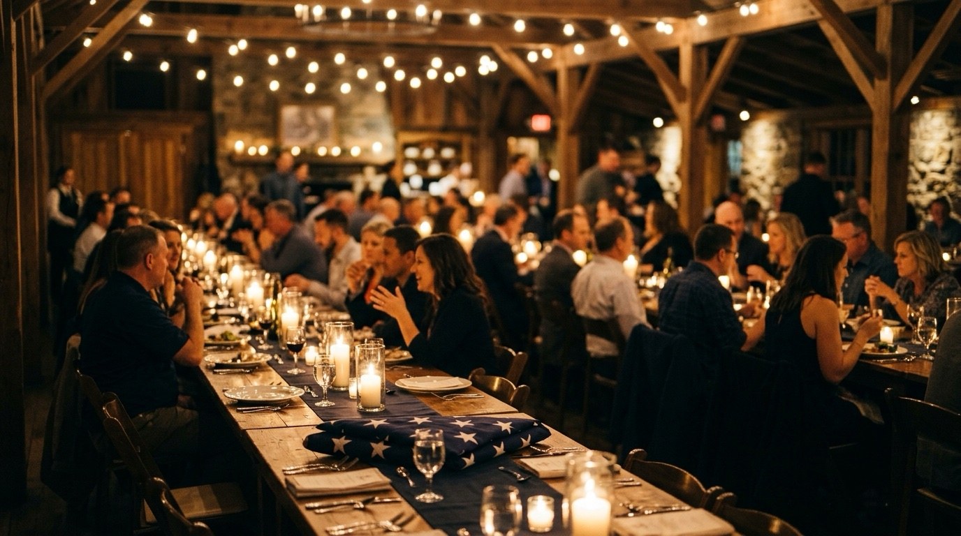 Candlelit dinner tables with a folded American flag centerpiece in a warmly lit banquet hall