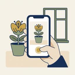 Illustration of a smartphone photographing a potted flower