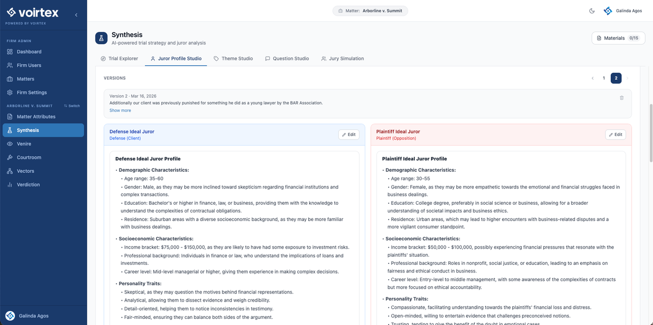Voirtex Synthesis screenshot showing ideal juror profiles for a legal matter for the plaintiff and the defense.