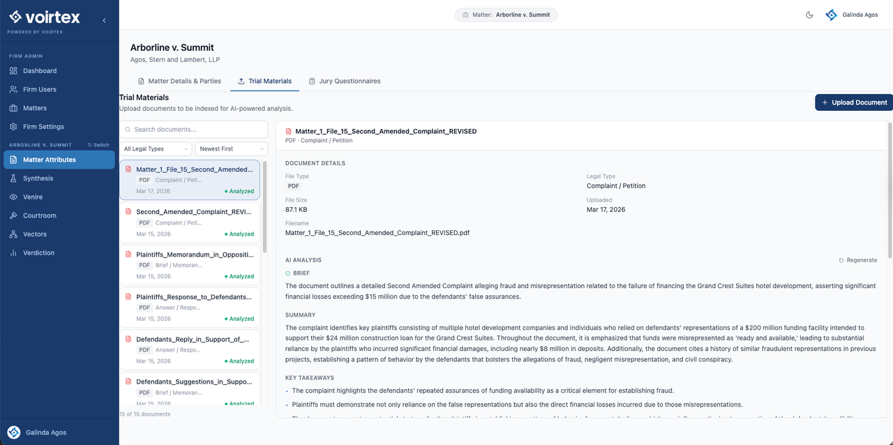 Voirtex Matter Administration screenshot showing a sample legal complaint with a summary and brief.
