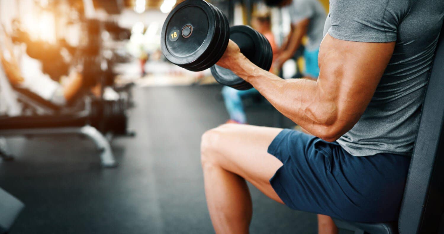 A man curling a dumbbell while sitting down.