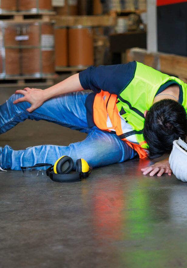 First Aid and safety first concept. Warehouse man worker lying down on floor after accident in warehouse factory. Professional engineering teamwork. Health insurance emergency accident in workplace.