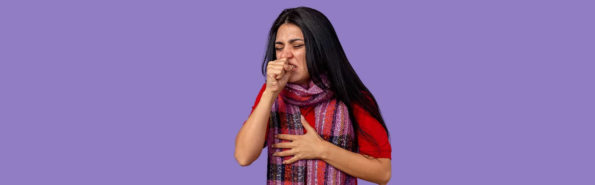A woman coughing and holding her chest with a purple background.