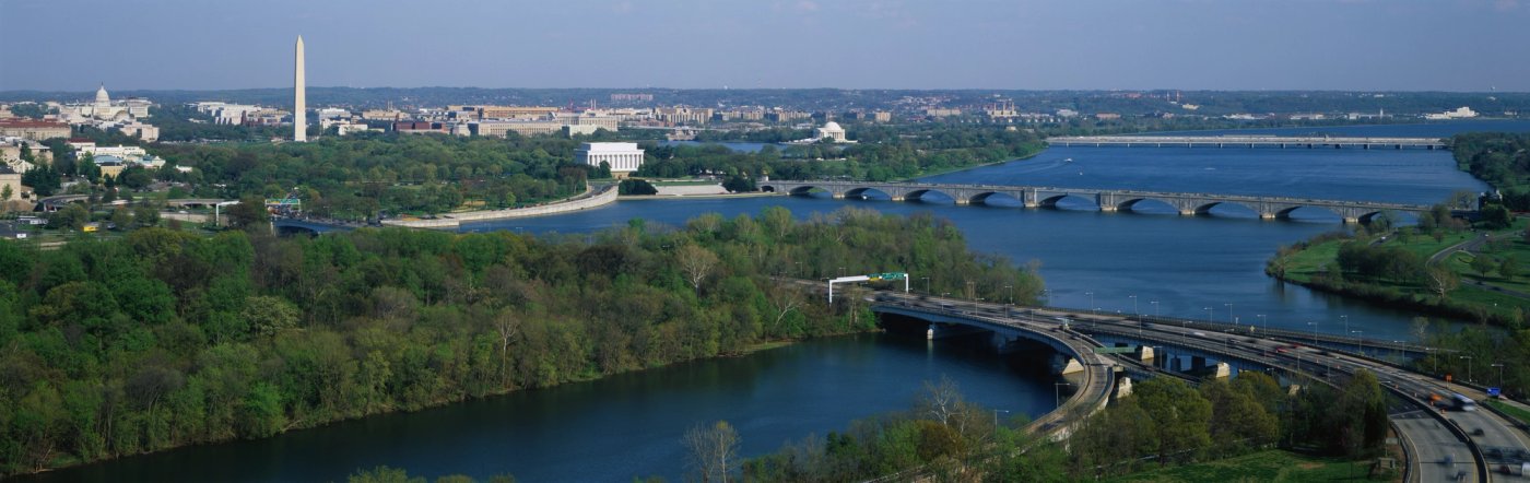 Panoramic aerial view of Washington, D.C., the U.S. Capitol, Washington Monument, and Lincoln Memorial arrayed along the Potomac River