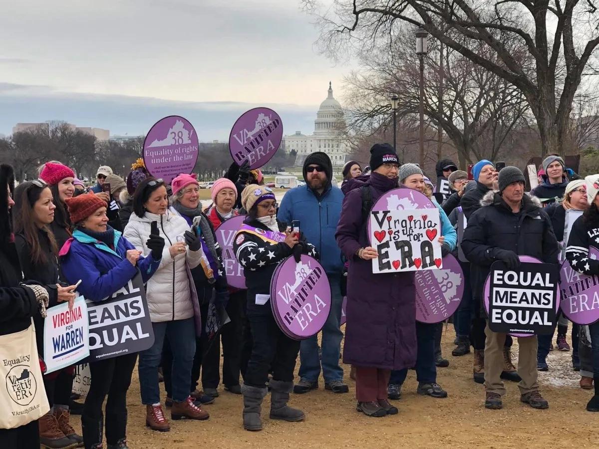 Equal Rights Amendment rally near the U.S. Capitol with Virginia Ratified ERA signs marking the 38th state ratification, women-led leadership that already exists.